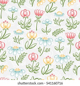 Wildflowers Vector Seamless pattern. Floral background with Hand drawn doodle Wild Flowers. 
