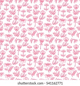 Wildflowers Vector Seamless pattern. Floral background with Hand drawn doodle Wild Flowers. 