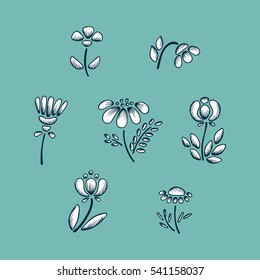 Wildflowers Vector Set. Hand drawn doodle Wild Flowers
