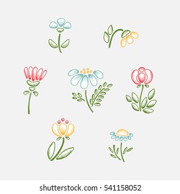 Wildflowers Vector Set. Hand drawn doodle Wild Flowers