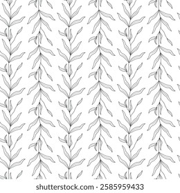 Wildflowers vertical seamless pattern with outline leaves on white background