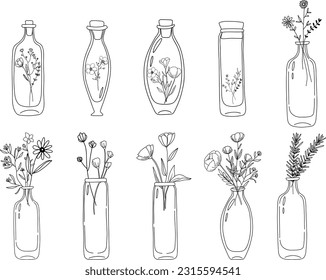 Wildflowers in vintage glass bottles, flowers in a jar, botanical clipart, simple doodle vector illustration