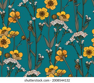 Wildflowers in vintage style, seamless pattern.	