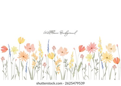 Wildflowers watercolor botanical background. Spring and summer Background watercolor arrangements with small flower. Botanical illustration minimal style.