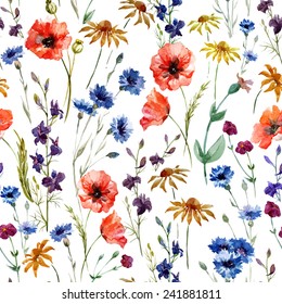 wildflowers, watercolor, poppy, cornflower, chamomile, background