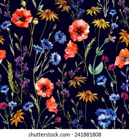 wildflowers, watercolor, poppy, cornflower, daisy pattern