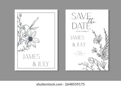 Wildflowers Wedding Invitation template, Outline Wildflowers Minimalist Wedding Invite Template, Line Art Wildflowers Wedding