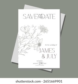 Wildflowers Wedding Invitation template, Outline Wildflowers Minimalist Wedding Invite Template, Line Art Wildflowers Wedding