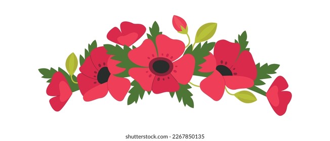 Wildflowers wreath flat icon Poppy flowers bouquet. Vector illustration