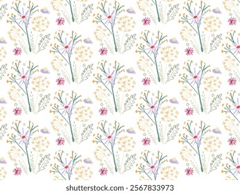 Wildflowers in yellow, pink, and red tones with thin branches and green leaves in repeat pattern. Designed for textile, wallpaper, and wrapping paper. Vector flat seamless illustration.