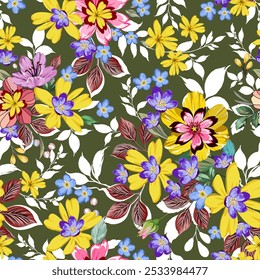 Wildflowers in yellow, pink, and white tones 
 Seamless hand drawn purple on a green background. Designed for fabric, fashion, textiles, wallpaper, gift wrap.
