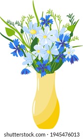 Wildflowers in a yellow vase on a white background. Cornflowers, chamomiles, field grass. Spring, summer, bloom. Cartoon style. Vector illustration