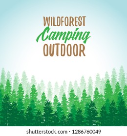 Wildforest camping outdoor advertisement.Landscape of tree silhouette; vector Illustration with grunge effect; abstract nature, forest, camping background with mountain retro logo; summer outdoor park