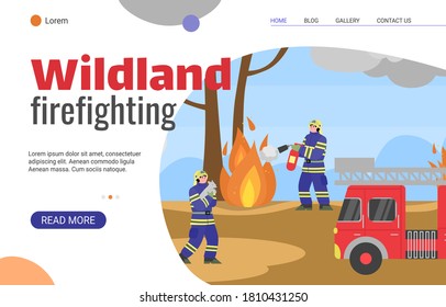 Plantilla de banner web de las fuerzas de extinción de incendios forestales con combatientes y rescatadores de personajes en el bosque, ilustración vectorial de caricatura plana. Sitio web de la brigada de emergencia contra incendios.