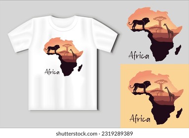 Wildlife Adventure. African Landscape with Lion and Giraffe, Acacia Trees, Baobab, Africa Map