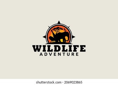 wildlife adventure logo with a combination of animals, tree, scenery, and compass.