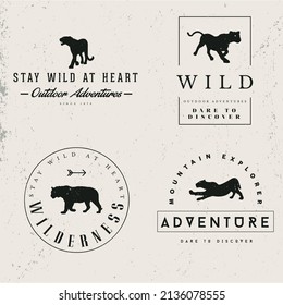 Wildlife adventure logo set, Safari retro labels isolated with editable background, vintage vector illustrations.