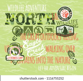 Wildlife adventure outdoor hiking north mountain expedition, vector grunge print for kid boy shirt with applique badges