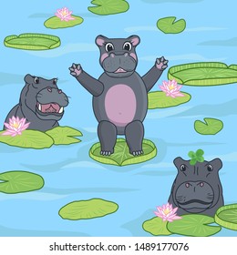 wildlife in africa, cute baby hippo with family, hippopotamus tribe in pond with water lily and lotus, cartoon editable vector illustration. Perfect for kids nursery decoration