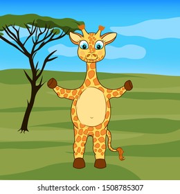 wildlife in africa, cute baby hugging giraffe in savannah, cartoon editable vector illustration, for kids apparel, fabric, textile, nursery decoration