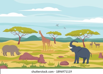 Wildlife africa flat composition with tropical savannah landscape populated by exotic animals birds rocks and trees vector illustration