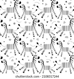 Wildlife Africa Nature seamless pattern Vector illustration African animal Smiling zebra. Safari Zoo Savanna Childish drawing