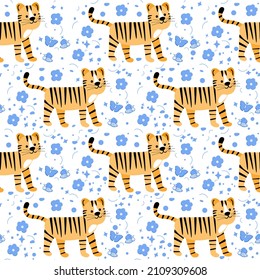 Wildlife Africa Nature seamless pattern Vector illustration African animal Tiger. Safari Zoo Savanna Childish drawing