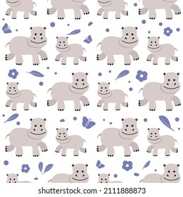 Wildlife Africa Nature seamless pattern Vector illustration African animal hippopotamus. Smiling Hippo. Safari Zoo Behemoth River horse Childish drawing