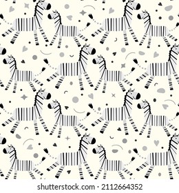 Wildlife Africa Nature seamless pattern Vector illustration African animal Smiling zebra. Safari Zoo Savanna Childish drawing