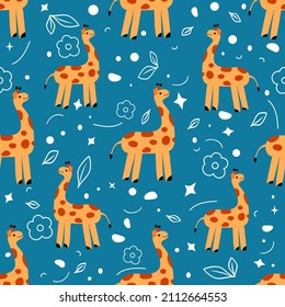 Wildlife Africa Nature seamless pattern African animal Smiling Giraffe. Safari Zoo Savanna Childish drawing