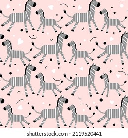 Wildlife Africa Nature seamless pattern Vector illustration African animal Smiling zebra. Safari Zoo Savanna Childish drawing