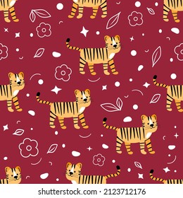Wildlife Africa Nature seamless pattern Vector illustration African animal Tiger. Safari Zoo Savanna Childish drawing