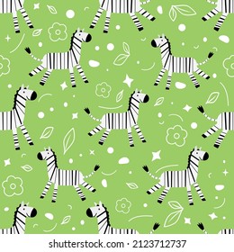 Wildlife Africa Nature seamless pattern Vector illustration African animal Smiling zebra. Safari Zoo Savanna Childish drawing