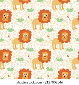 Wildlife Africa Nature seamless pattern African animal Lion. Safari Zoo Savanna Childish drawing