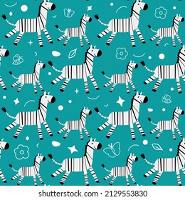 Wildlife Africa Nature seamless pattern Vector illustration African animal Smiling zebra. Safari Zoo Savanna Childish drawing