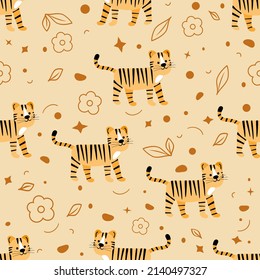 Wildlife Africa Nature seamless pattern Vector illustration African animal Tiger. Safari Zoo Savanna Childish drawing