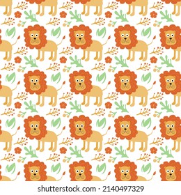 Wildlife Africa Nature seamless pattern African animal Lion. Safari Zoo Savanna Childish drawing