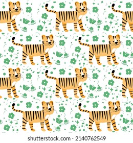 Wildlife Africa Nature seamless pattern Vector illustration African animal Tiger. Safari Zoo Savanna Childish drawing