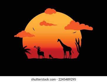 Wildlife in Africa, Savannah, sunset, sunset with different animals in a perfect combination of black and orange tones