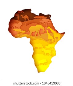 Wildlife of Africa, world continent. Flora and fauna. Vector illustration in paper art style. Mainland Africa map with nature, elephant, giraffe, lion, zebra, rhino camel fox wild animals silhouettes.