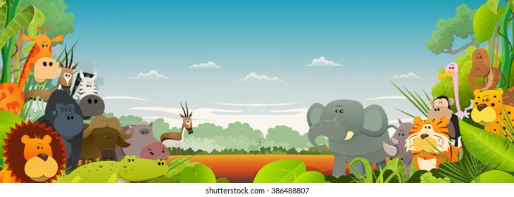 Wildlife African Animals Background/
Cute Cartoon Wild Animals From African Savannah, With Lion, Gorilla, Elephant, Giraffe, Gazelle, Gorilla Monkey, Hippo, Ape And Zebra On Wide Jungle Background