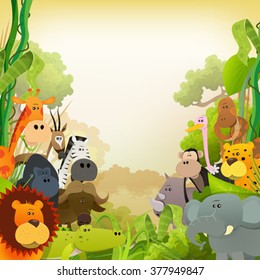 Wildlife African Animals Background/ Illustration of cute cartoon wild animals from african savannah, with lion, gorilla, elephant, giraffe, gazelle, gorilla monkey, ape and zebra on jungle background