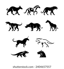 wildlife animal icon set horse unicorn and rhino