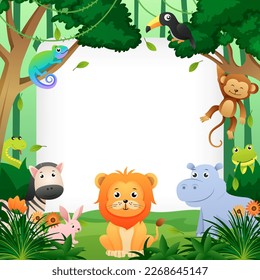 Animales salvajes en la jungla con espacio de copia cuadrada. Estilo infantil. Vector.