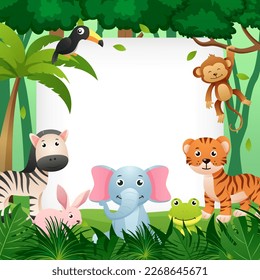 Animales salvajes en la jungla con espacio de copia cuadrada. Estilo infantil. Vector.