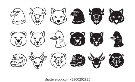 Wildlife animal outline and solid icon set. Forest and wild animal head line art and silhouette element pack. Eagle, Bison, Wolf, Grizzly, Cougar, Roadrunner, Alligator, Antelope, Beaver