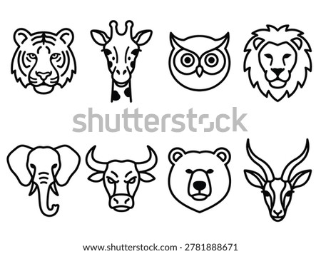 Wildlife animal portrait element pack in minimalist line style, featuring tiger, giraffe, owl, lion, elephant, bull, and bear