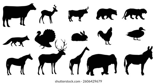 Wildlife Animal Silhouettes Collection in Black Vector