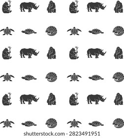 Wildlife animal silhouettes pattern featuring pandas, rhinos, gorillas, turtles, and pangolins arranged in a repeating grid on white background