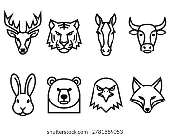 Wildlife animal themed element pack, minimalist line style, deer, tiger, horse, cow, rabbit, bear, eagle, and fox
